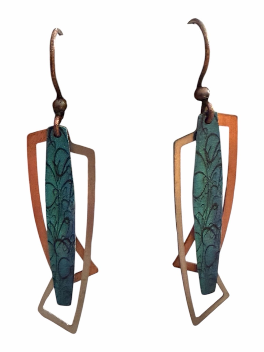 OOAK Artisan Teal & Copper Geometric Drop Earrings Handmade Australian Designer